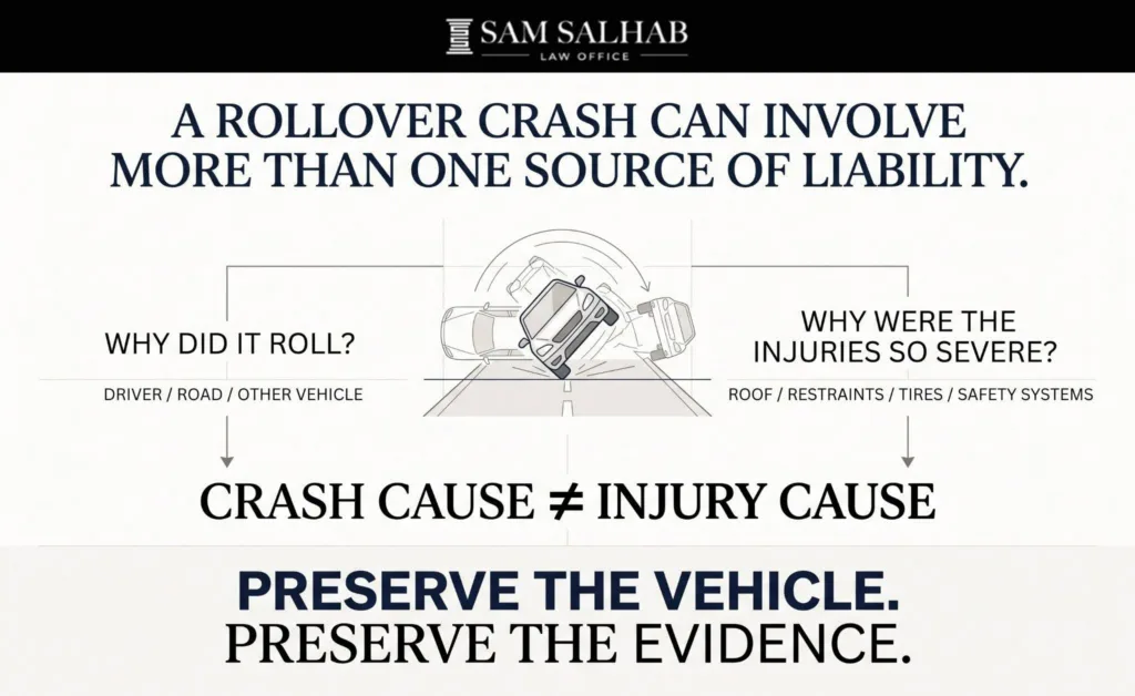 A rollover crash can involve more than one source of liability